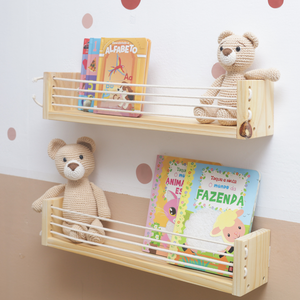 Kit 2 Prateleiras de Madeira Infantil 50cm – Porta Livros e Brinquedos de Parede Tricomix