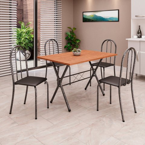 Conjunto de Mesa Tubular 62 100x60cm Tampo em Mdfcom 4 Cadeiras Ane B Preto/Liso/Martelado Prata