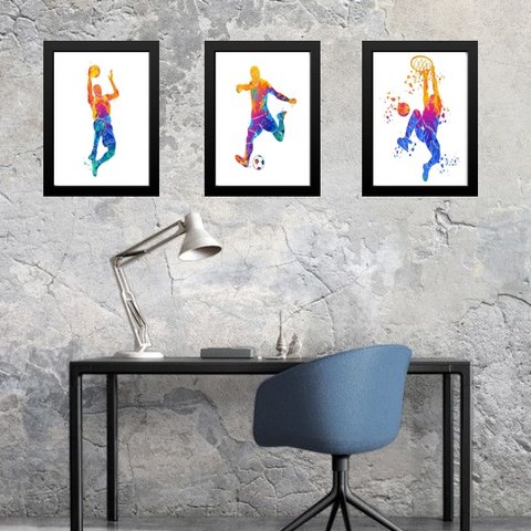 Kit 3 Quadros Aquarela Esportes Diversos 33x24cm - com Vidro:moldura Preta