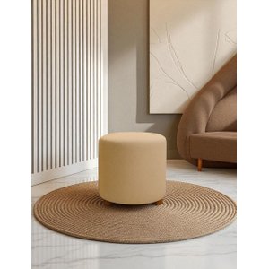 Puff Turim Decorativo Tecido Linho Banqueta Redondo Pés de Madeira