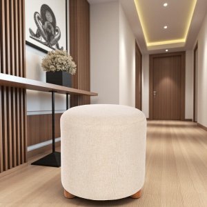 Puff Turim Decorativo Tecido Linho Banqueta Redondo Pés de Madeira