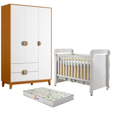 Berço Americano Mirelle com Colchão Gazin com Guarda Roupa Ipê 3 Portas Branco Cinamomo -Móveis Alba