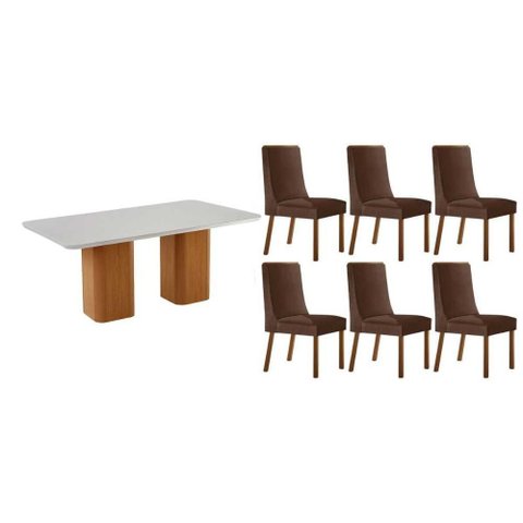 Sala de Jantar Completa Maldivas C/ Tampo Madeirado C/ Vidro Canto Curvo 180x90cm e 6 Cadeiras