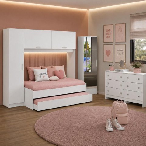 Quarto Infantil Modulado Bicama com Guarda-Roupa/Cômoda/Sapateira/Espelhos Pulse Multimóveis