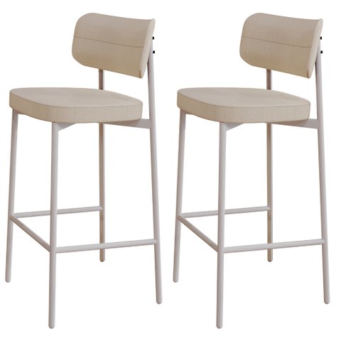 Kit 02 Banquetas Alta Bar Cozinha Sala de Jantar Aço Branco Kaira C01 Linho Areia - Lyam Decor
