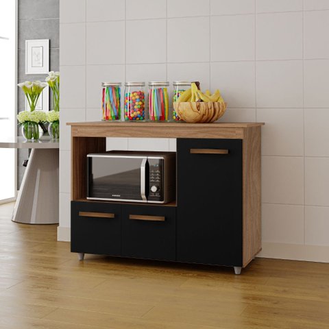 Armário Balcão Multiuso para Cozinha Micro-ondas e Forno Liza 03 Portas Savana Preto Moblis