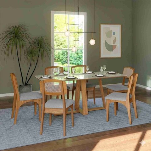 Conjunto Mesa de Jantar com 6 Cadeiras Retrô Estofada e Encosto Palinha Dalla Costa