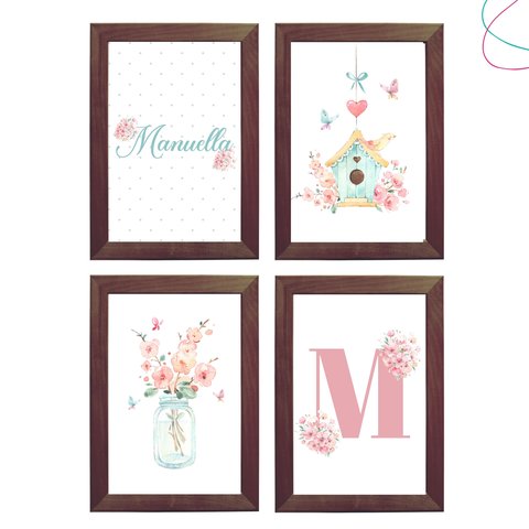 Quadro Decoração Quarto Menina Aquarela Flor com Vidro:tabaco