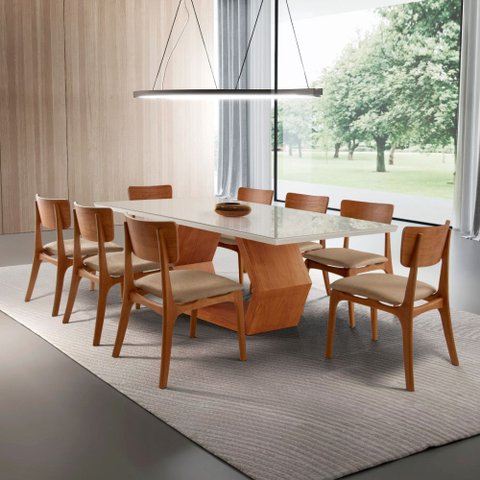 Sala de Jantar Mesa Ane 220cm Tampo Laqueado com Vidro Canto Moeda e 8 Cadeiras Viena Gold