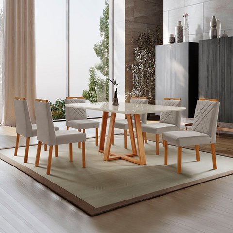 Conjunto Sala de Jantar Mesa Florença Madeira Maciça 180x90cm Tampo Retângular Vidro Off White com 6