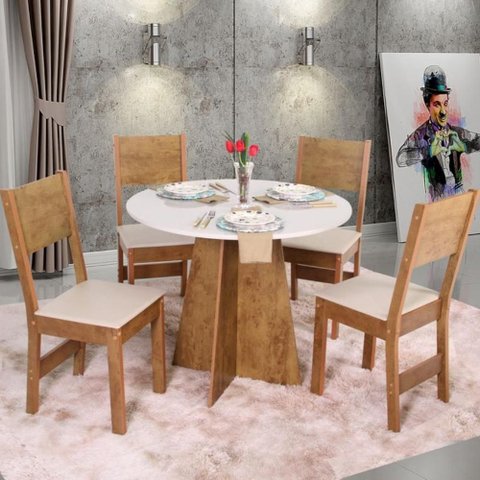 Conjunto Mesa Paraty Redonda com 4 Cadeira Pérola - Bagum Bege Off White