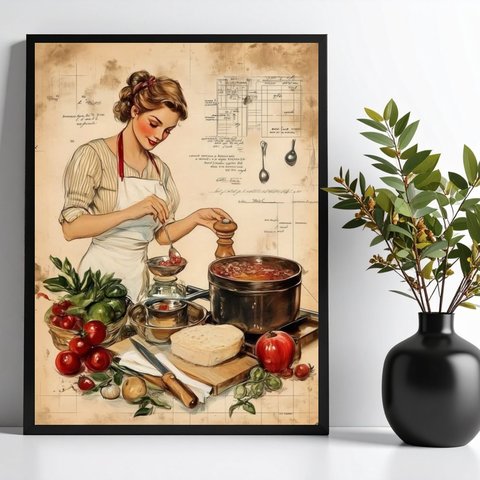 Quadro para Cozinha Vintage - Pin Up Ingredientes 24x18cm - com Vidro:moldura Branca