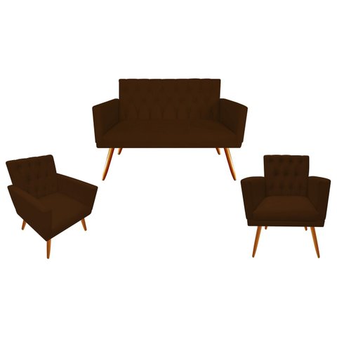 Kit Namoradeira + 2 Poltronas Decorativa Nina Capitonê Suede Marrom Pés Madeira Ms Decor