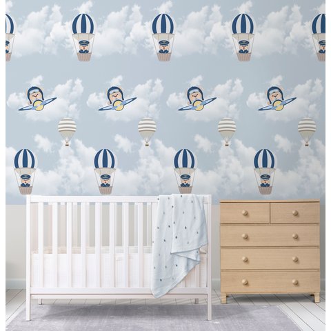 Papel de Parede Urso Baloeiro Azul Infantil Colorido Rolo 3m