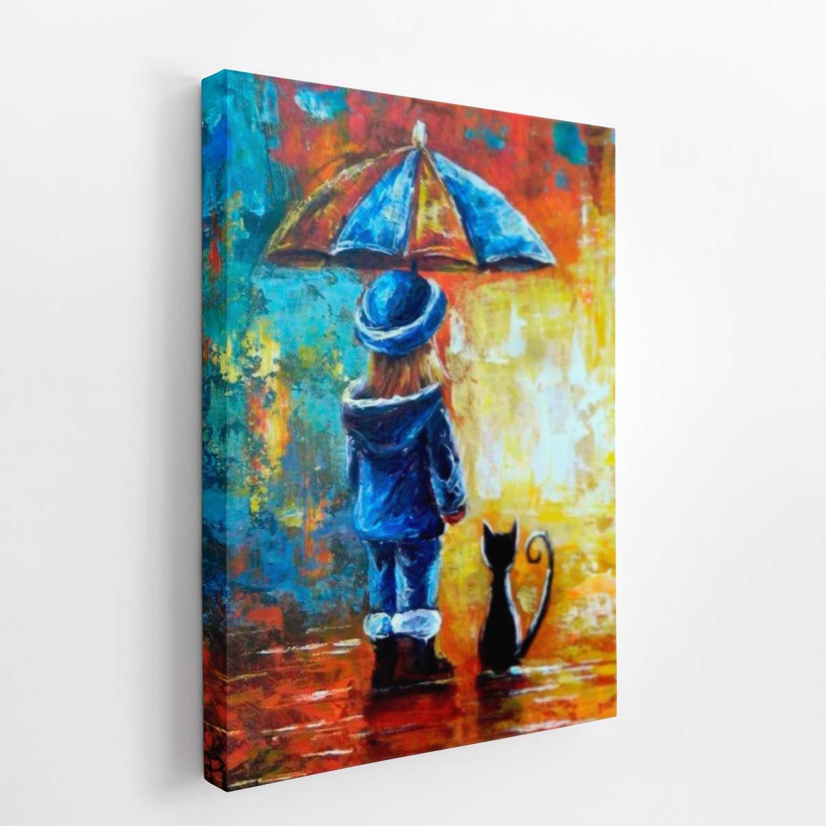 Menina Guarda Chuva Gato Colorido Quadro Canvas 100x70cm - 2