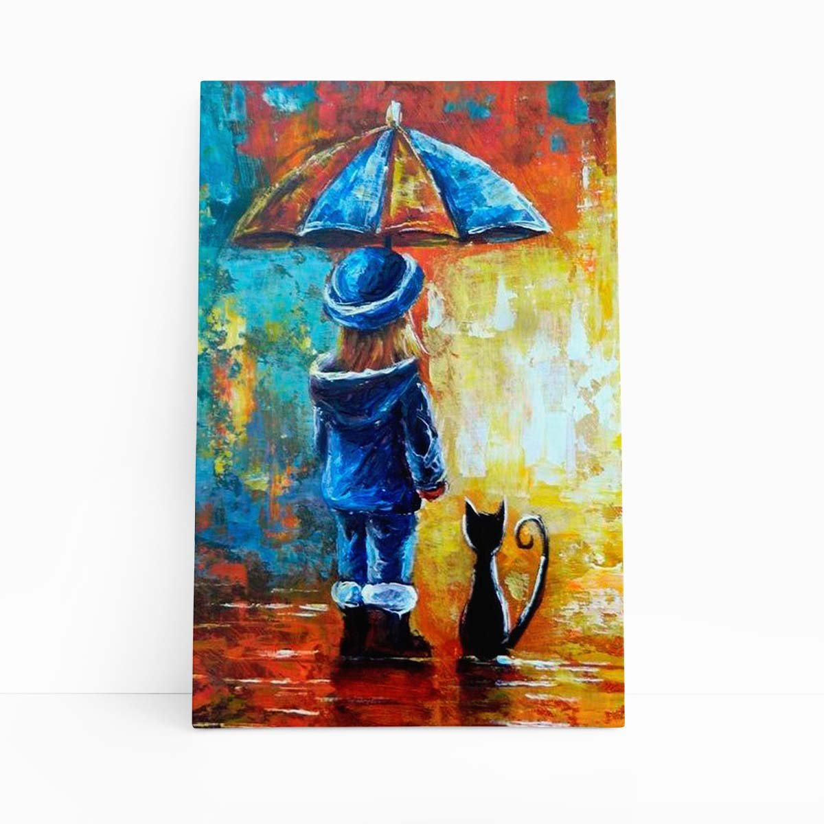 Menina Guarda Chuva Gato Colorido Quadro Canvas 100x70cm