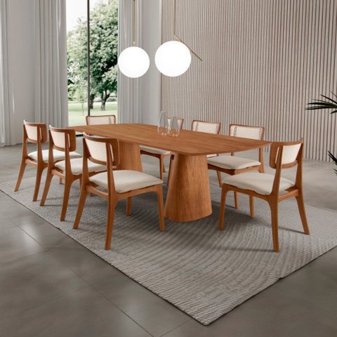 Sala de Jantar Mesa Noronha 220cm Tampo Laminado Canto Barril com 8 Cadeiras Viena