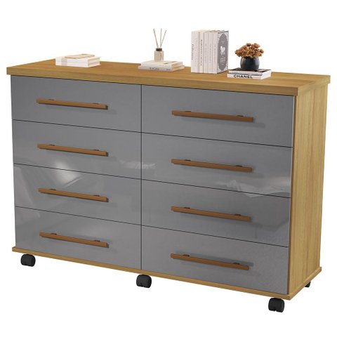Cômoda Quarto Jade com 08 Gavetas e Rodízios Cinza/mel