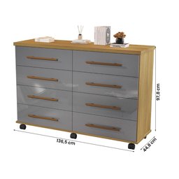 Cômoda Quarto Jade com 08 Gavetas e Rodízios Cinza/mel - 3