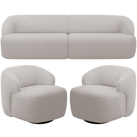 Sofá 3 Lugares Curvo Orgânico com 02 Poltronas Living 220cm Barolo L06 Bouclê Cinza
