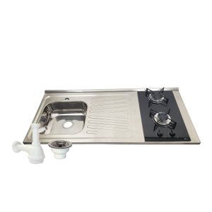 Pia Fogão Gás 2 bocas Fabrinox 120x55cm, cuba esquerda, furo para torneira, válvula e sifão