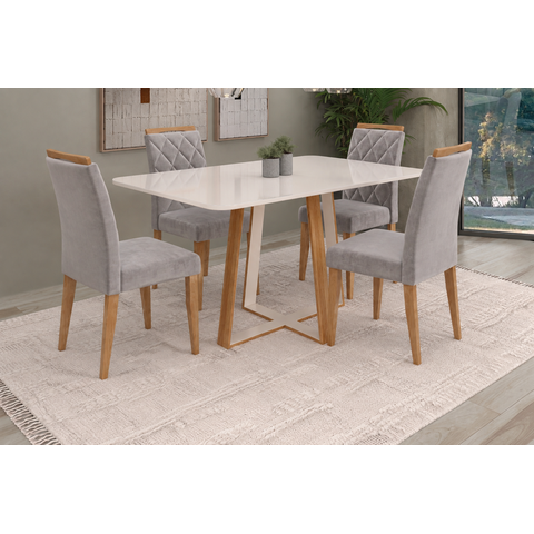 Sala de Jantar Dallas 120cm c/Vidro com 4 Cadeiras Madeira Maciça Bali Cinamomo/Off Veludo Prata