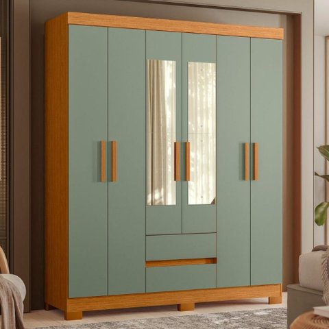 Guarda-Roupa Olímpia 6 Portas Espelhado Cinamomo/Sálvia