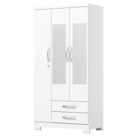 Guarda Roupa Solteiro Açaí 3 Portas e 2 Gavetas Branco com Espelho - Móveis Henn
