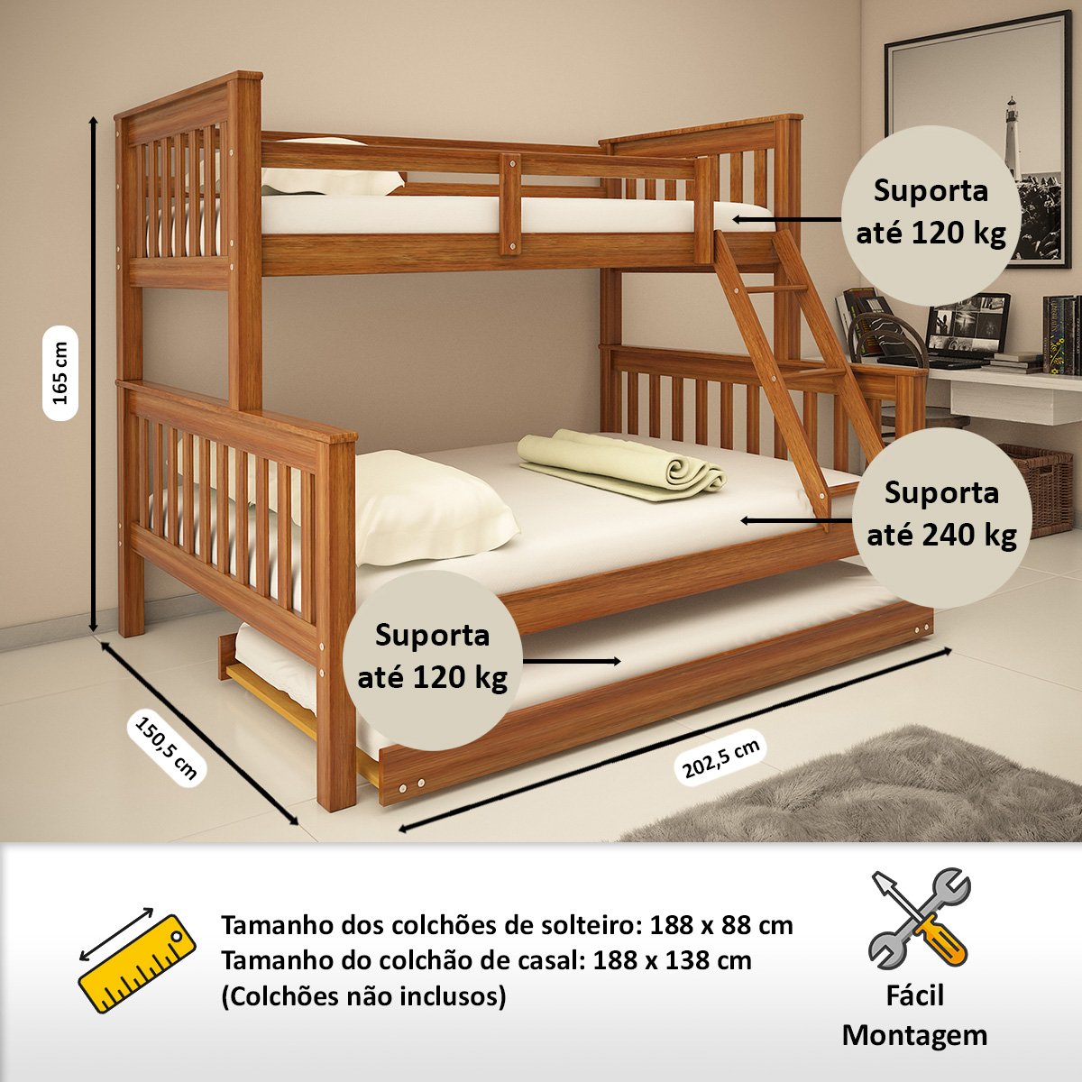 Treliche de Madeira com Cama Casal/solteiro e Cama Auxiliar Totalità - 2