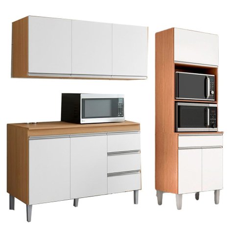 Conjunto Kit Cozinha Compacta Balcão sem Tampo e Aéreo 120cm e Armário Torre Quente Ajl Móveis