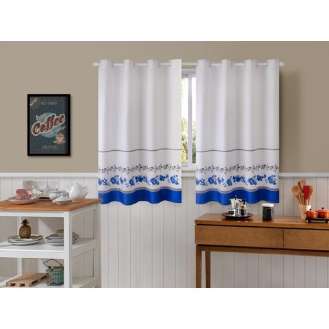 Cortina De Cozinha Em Tecido Linhão 4,00m x 1,30m Floral Azul