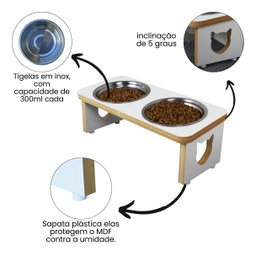 Comedouro Elevado Pet Duplo Gato Mdf Linha Básica - Branco - 4