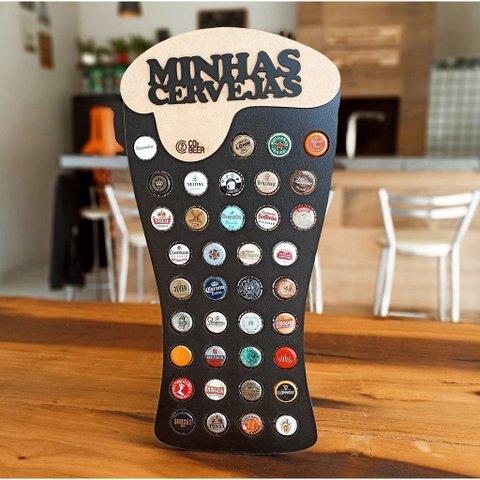 Quadro Porta Tampinhas Copo de Cerveja Cor Preto 38 Tampinhas