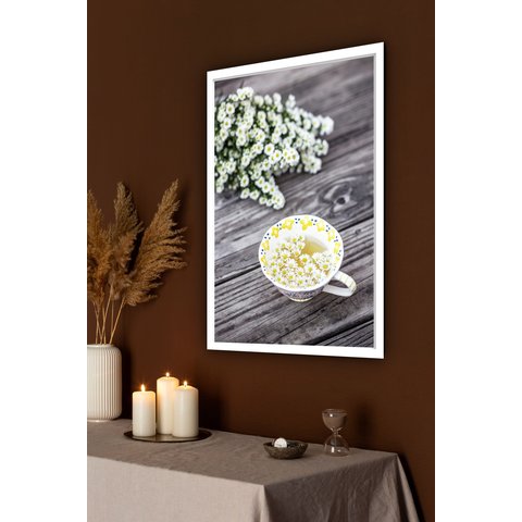Quadro Decorativo Xícara de Chá com Flores - 70x50cm:moldura Branca