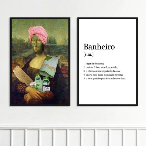 Kit 2 Quadros Divertidos Banheiro - Monalisa 33x24cm - com Vidro:moldura Preta