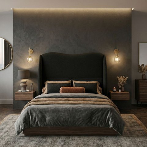 Cabeceira Cama Casal Petala 160cm Orgânica Curva Bouclê Preto - Montanari's Decor