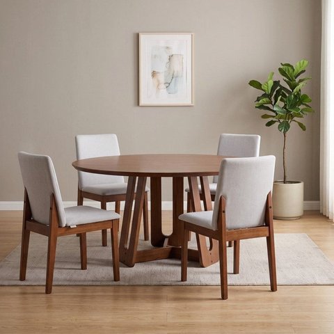 Conjunto de Sala de Jantar Redonda 4 Lugares em Madeira Maciça Cecília Marrom