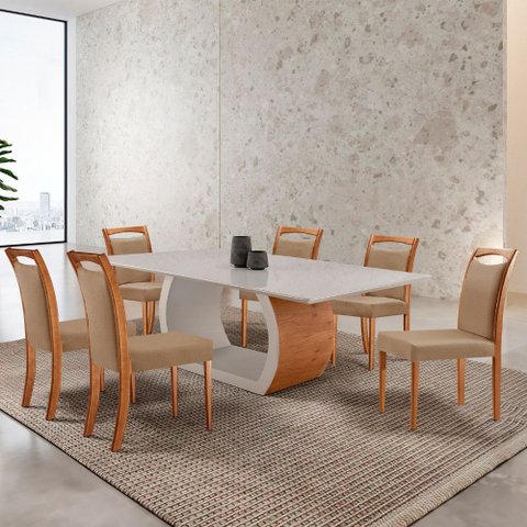 Mesa Ellis 180cm Tampo Laqueado com Vidro com 6 Cadeiras Munique