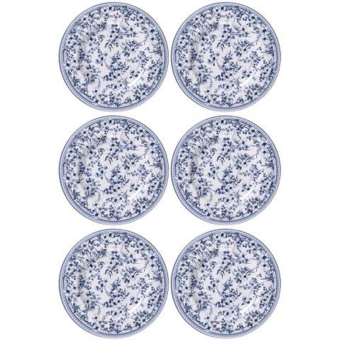 Jogo 6 Pratos Sobremesa 21cm Tramontina Azzura em Porcelana Decorada Servir Tortas Doces