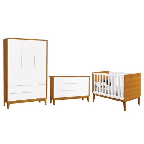Dormitório Infantil Classic 3 Portas, Cômoda 1 Porta e Berço Branco/Savana com Pés Amadeirado -