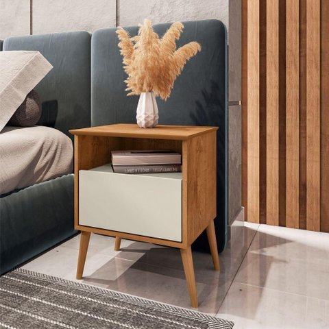 Mesa de Cabeceira Londres 1 Gaveta MDF MDP Retrô Off White Bechara Móveis