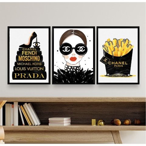 Kit 3 Quadros Fashion Marcas Famosas Mulher livros 33x24cm:madeira Preta