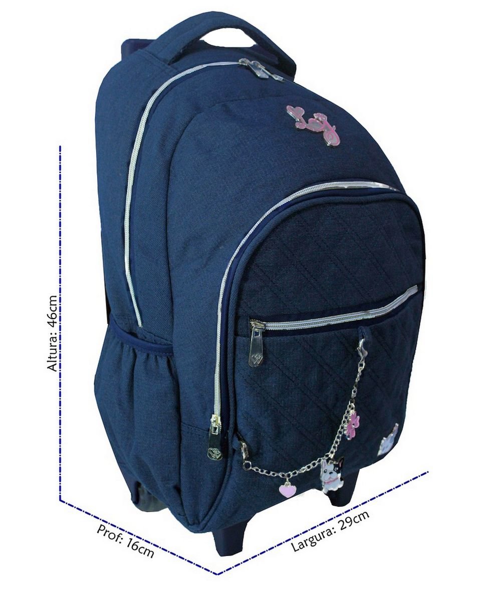Mochila Juvenil de Carrinho Lili July Jeans Rodinhas Silicone Descolada Resistente Original - Azul E - 3