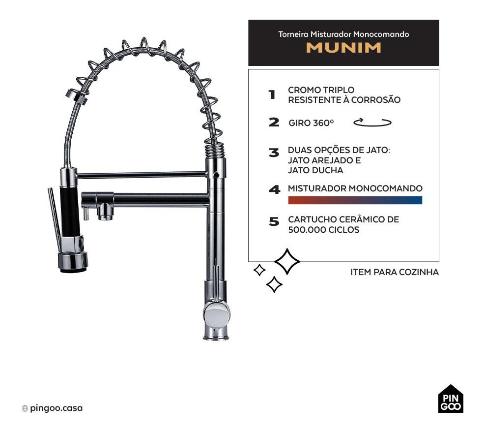 Torneira para Cozinha Gourmet Misturador Monocomando Munim P - 2