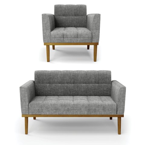 Conjunto Poltrona e Namoradeira Decorativas Karen Pés Fixo em Madeira Castanho Linho Cinza Mesclado 