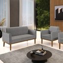 Ver imagem 2 de Conjunto Poltrona e Namoradeira Decorativas Karen Pés Fixo em Madeira Castanho Linho Cinza Mesclado