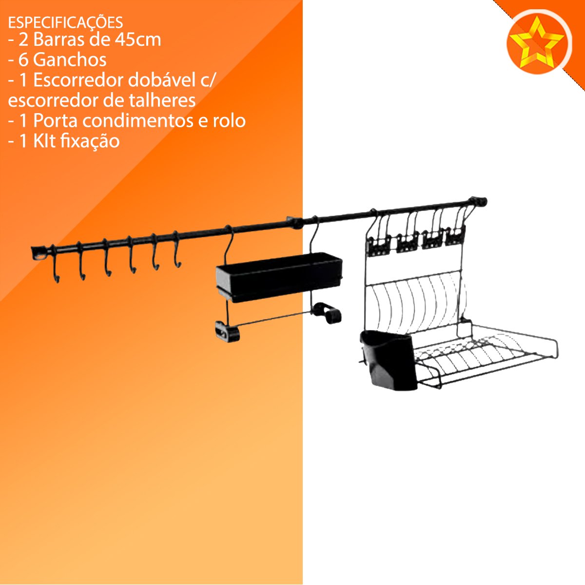 Kit D Linha Requinte Master Cozinha Suspensa Escorredor Porta Tempero/Rolos Ganchos - Metaltru  - Pr - 3