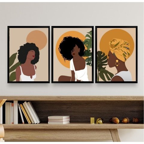 Kit 3 Quadros Feministas Mulheres negras 45x34cm:madeira Preta