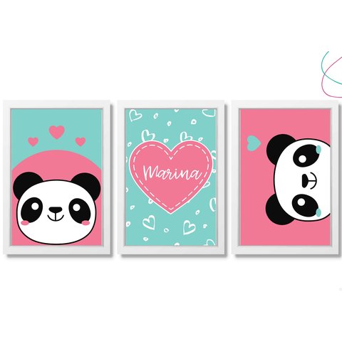 Quadro Decoração Quarto Menina Panda Rosa Moldura e Vidro:branca