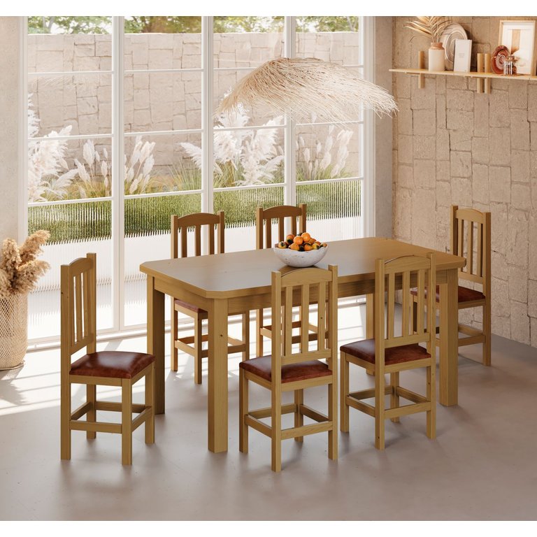 Mesa de Jantar Safira 160x88 com 6 Cadeiras Diamante Estofado Marrom:nogueira